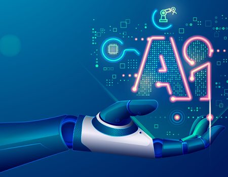 concept of machine learning or artificial intelligence technology, graphic of robot hand with symbol AI and futuristic element